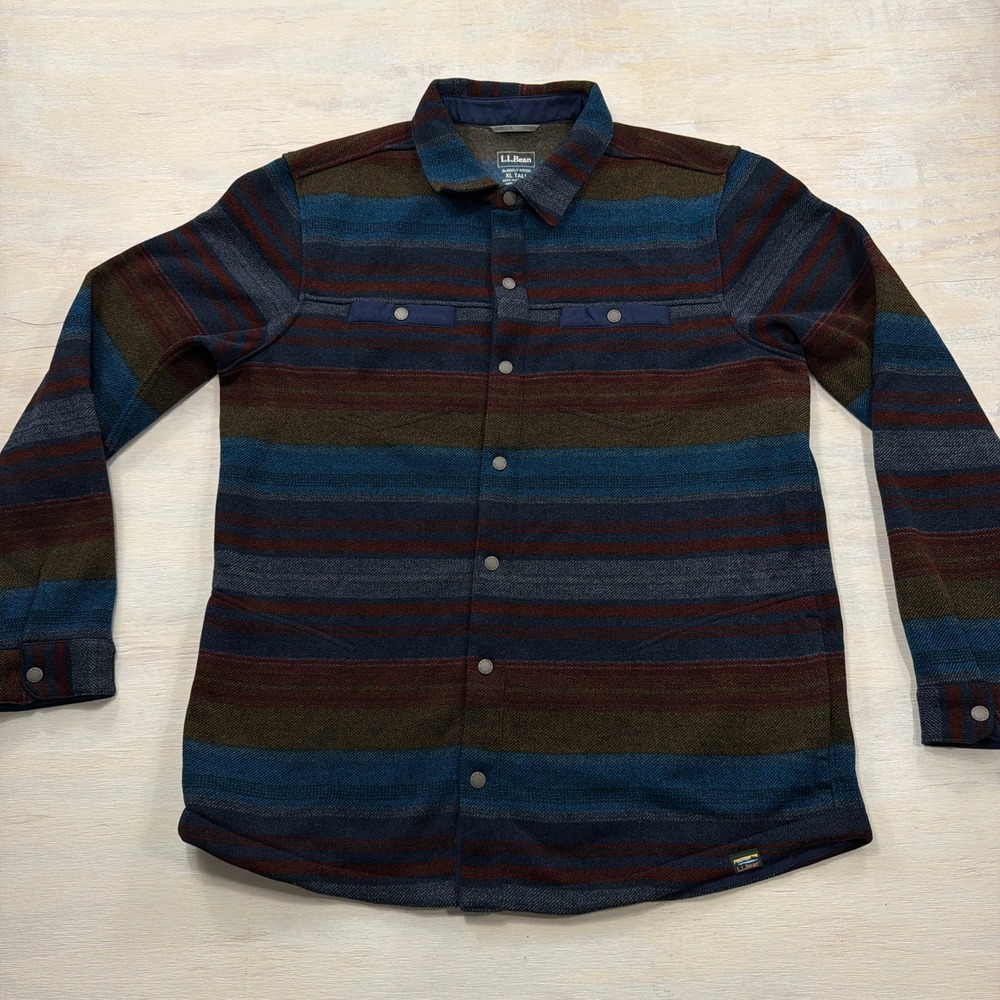 L.L.Bean Shirt Jacket Slightly Fitted XL Tall Striped Fleece Snap Blue Mens